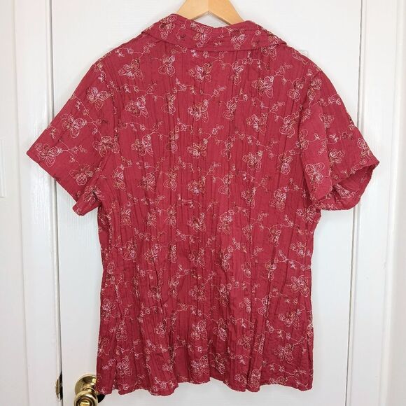 ST. JOHN’S BAY WOMAN Red Embroidered Crinkle Button-Up Top 2X Lightweight Boho - Picture 2 of 9